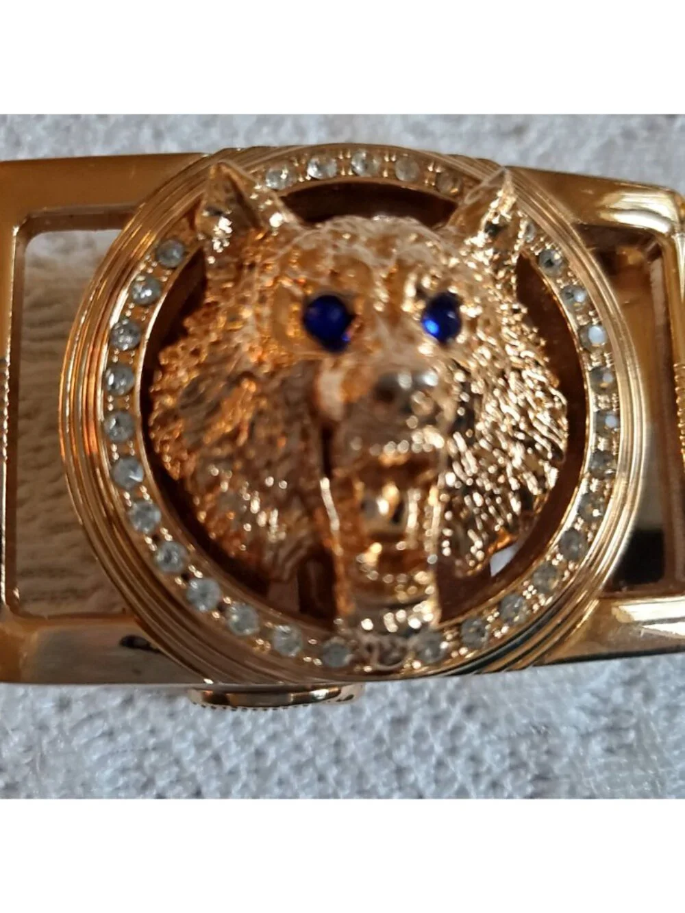New Men XXL Black Heavy Duty Wolf Head Belt Gold Tone Rhinestone Blue Eyes